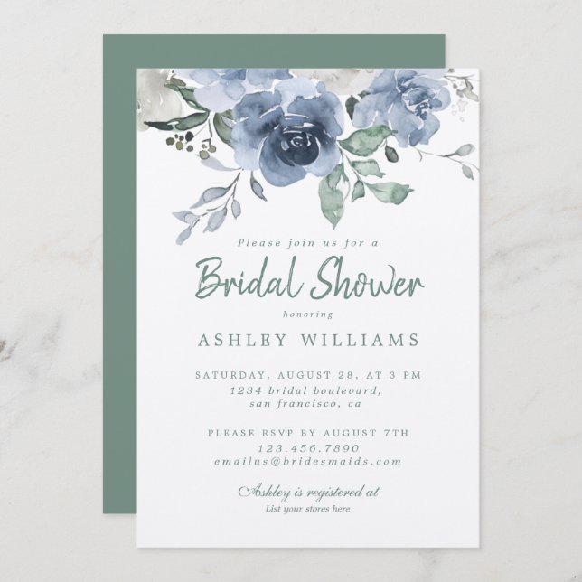Invitación Moda Dusty Green Blue Rosa Bridal Shower (Anverso / Reverso)
