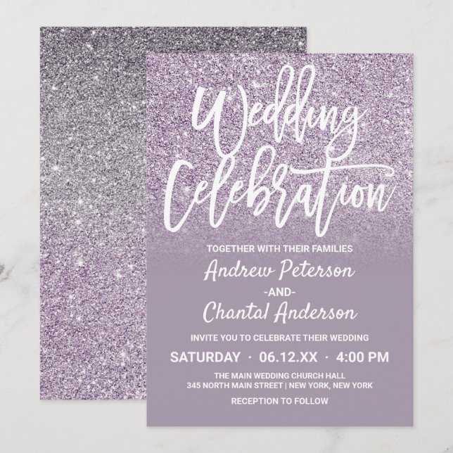 Invitación Moda Dusty Gris Púrpura Purpurina Ombre Boda (Anverso / Reverso)