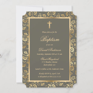 Invitación Moda Ebony Gold Cross Script Bautismo Floral