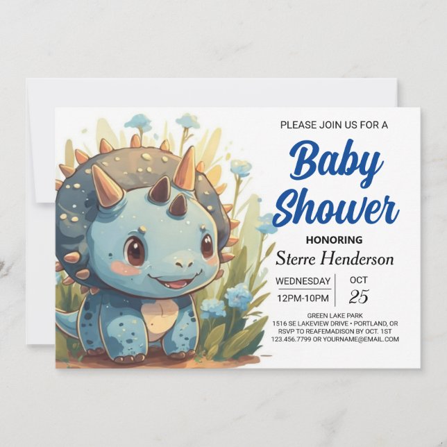 Invitación Moda Editable Cute Dinosaur Boy Baby Shower (Anverso)