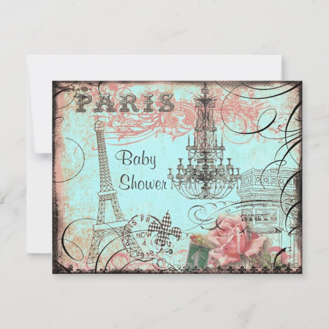 Invitación Moda Eiffel Tower y Chandelier Baby Shower (Anverso)