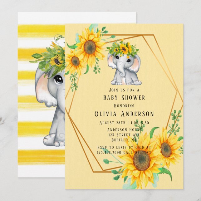 Invitación Moda Elefante de Sunflower Chica Baby Shower (Anverso / Reverso)