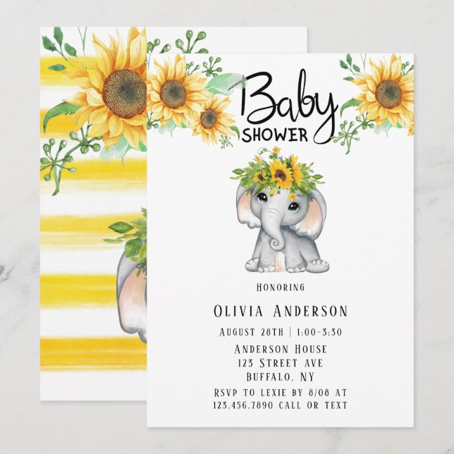 Invitación Moda Elefante de Sunflower Chica Baby Shower (Anverso / Reverso)