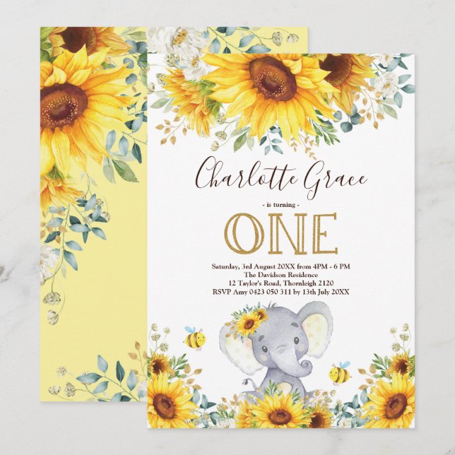 Invitación Moda Elefante de Sunflower Greenery Gold Primer cu (Anverso / Reverso)