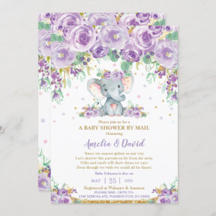 Invitación Moda Elefante Morado Floral Baby Shower por correo