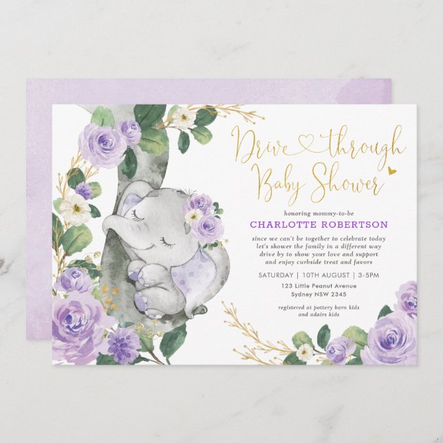 Invitación Moda Elefante Morado Floral De Baby Shower (Anverso / Reverso)