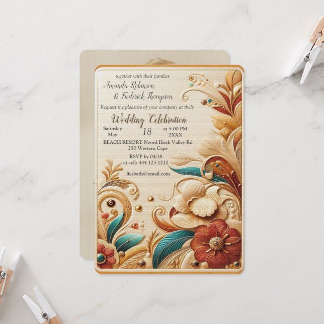 Invitación Moda, elegancia Cremas y textura floral de cuero (Anverso/Reverso In Situ)