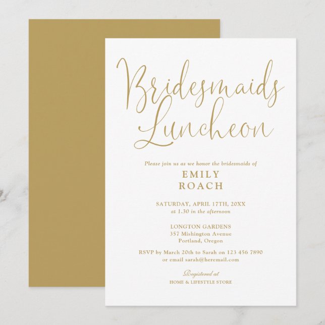 Invitación Moda Elegant Gold Script Bridesmaids Luncheon (Anverso / Reverso)