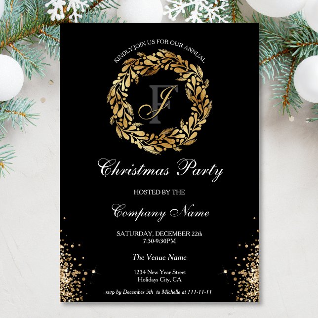 Invitación Moda Elegant Gold Wreath Navidades corporativos Fi (gold glitter christmas wreath)