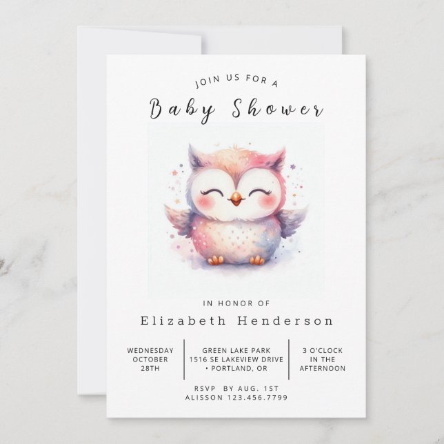 Invitación Moda Elegant Owl Baby Shower (Anverso)