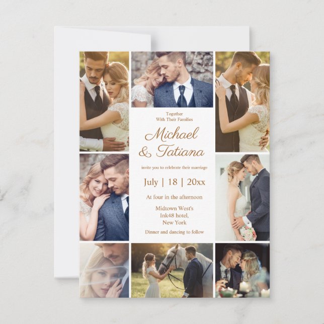 Invitación moda elegante 8 fotos collage boda marrón (Anverso)