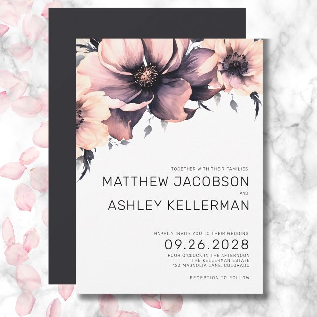Invitación Moda Elegante acuarela Boda Floral Rosa (Chic Elegant Pink Black White Floral Wedding Invitation)