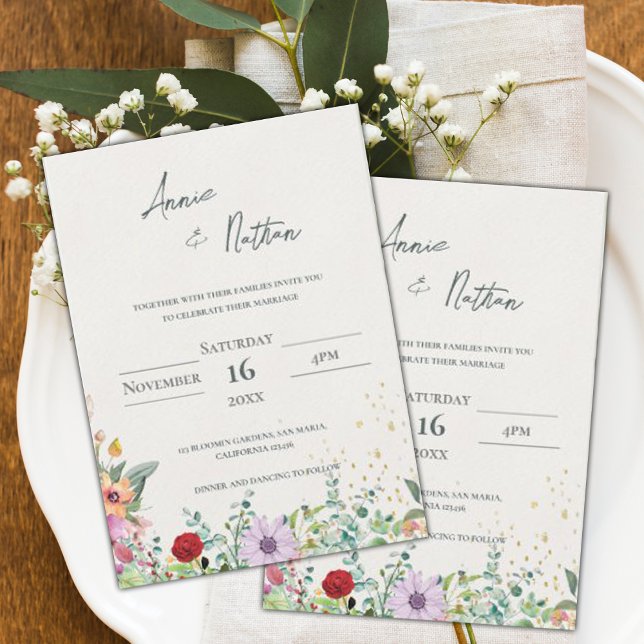 Invitación Moda Elegante Acuarela Flores Silvestres Boda Flor (Chic Elegant Watercolor Wildflowers Floral Wedding Invitation)