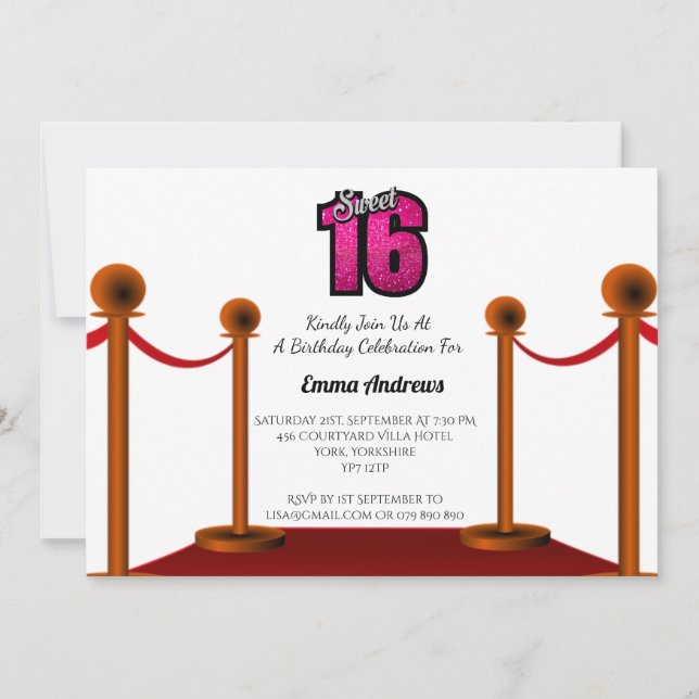 Invitación Moda Elegante Alfombra Roja Sweet 16 Party Invitac (Anverso)