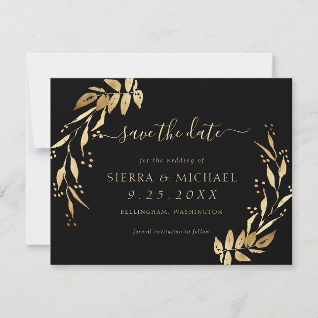 Invitación Moda Elegante Black Golden Foliage Salvar la fecha (Anverso)