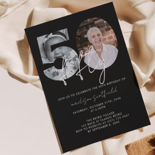 Invitación Moda Elegante Black Photo Script 50 cumpleaños