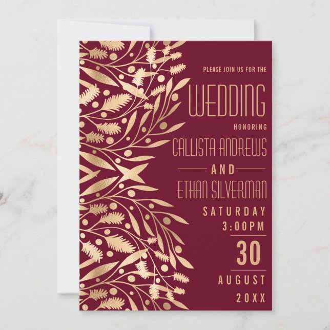 Invitación Moda Elegante Boda de Foliage Borgoña Dorado (Anverso)