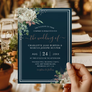 Invitación Moda elegante Boda de marfil y Rubor Floral Navy