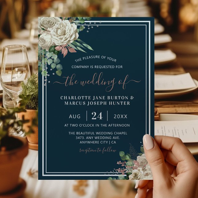 Invitación Moda elegante Boda de marfil y Rubor Floral Navy (Subido por el creador)