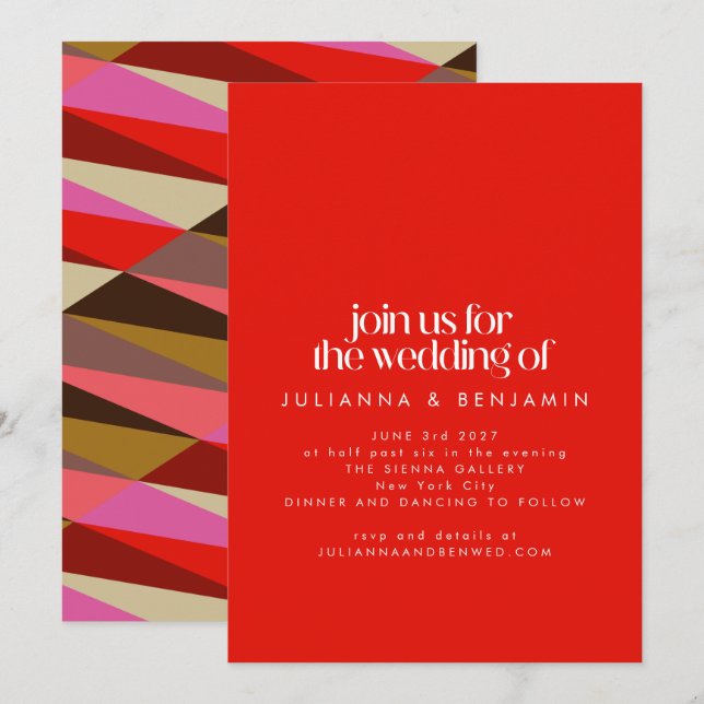 Invitación Moda Elegante Boda Geométrico Rojo Brillante (Anverso / Reverso)