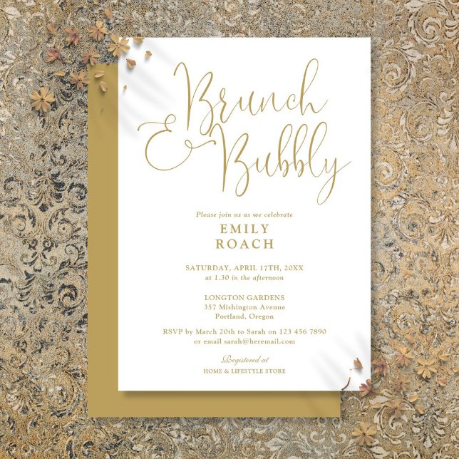 Invitación Moda Elegante Brunch De Oro Y Ducha De Novias Bubb (Chic Elegant Gold Brunch And Bubbly Bridal Shower Invitation)