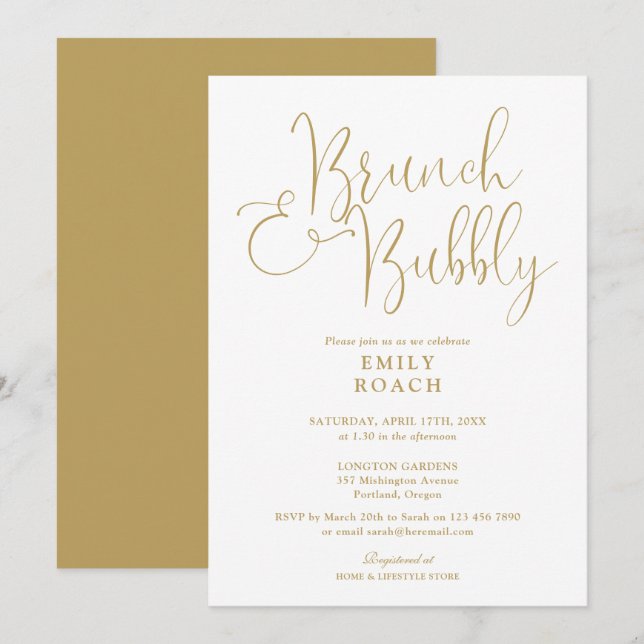Invitación Moda Elegante Brunch De Oro Y Ducha De Novias Bubb (Anverso / Reverso)