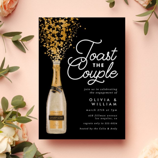 Invitación Moda Elegante Champán Toast Gold Engagement Party (Subido por el creador)