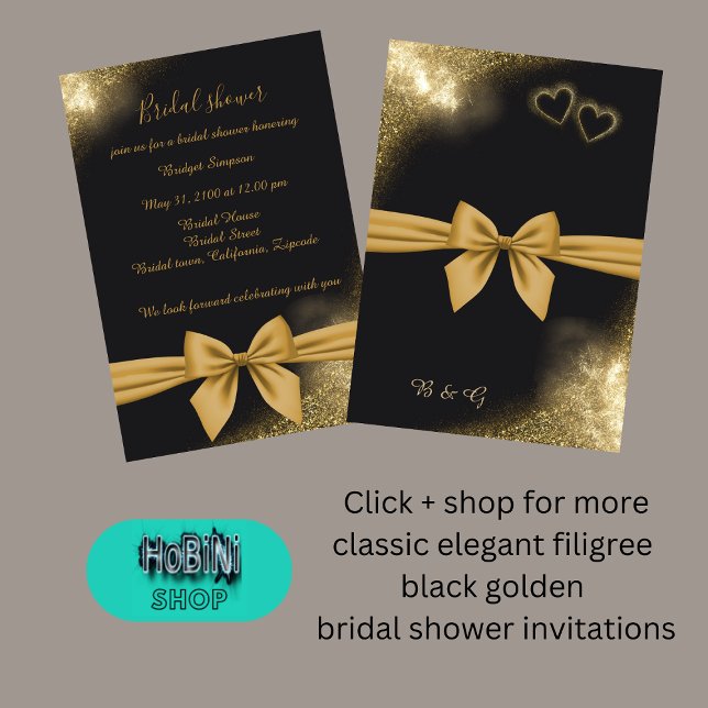 Invitación moda elegante cinta ducha de novia dorada negra (classic elegant filigree black golden bridal shower invitation)