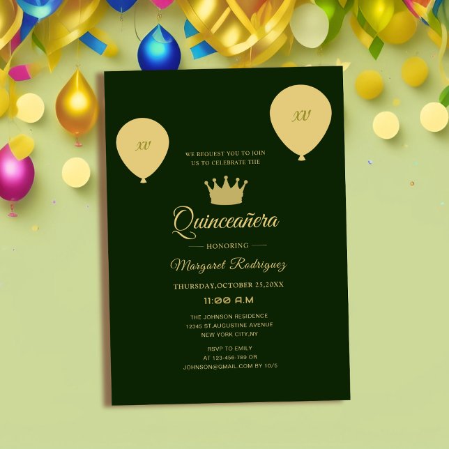 Invitación moda elegante clásica verde y dorada quinceañera (Subido por el creador)