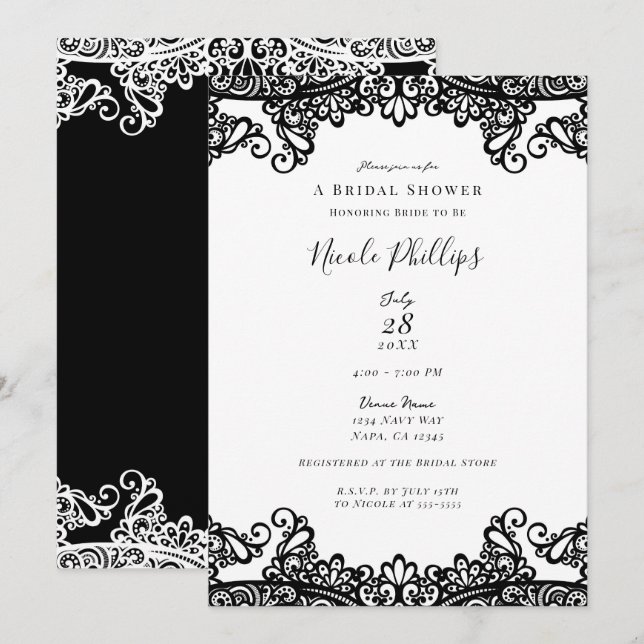 Invitación Moda elegante de encaje blanco y negro ducha de no (Anverso / Reverso)