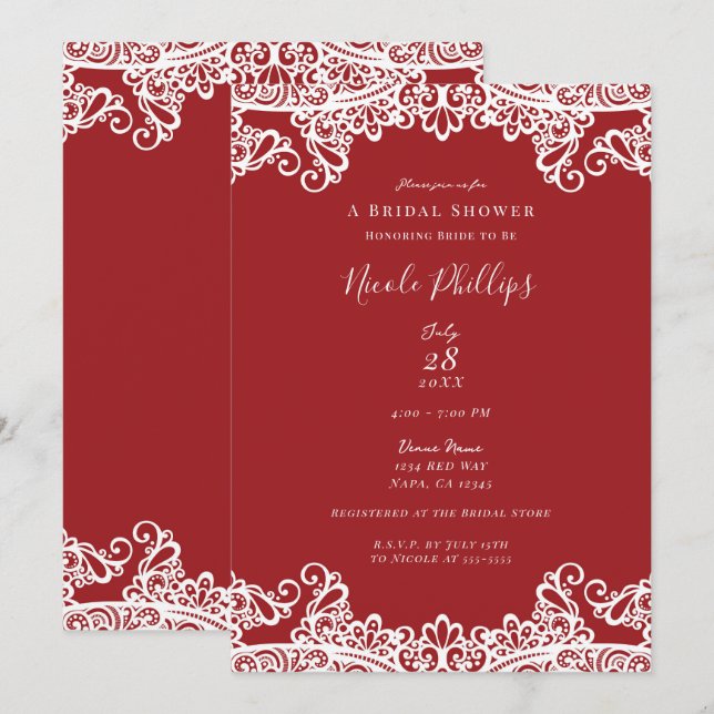 Invitación Moda elegante de encaje rojo y blanco ducha de nov (Anverso / Reverso)