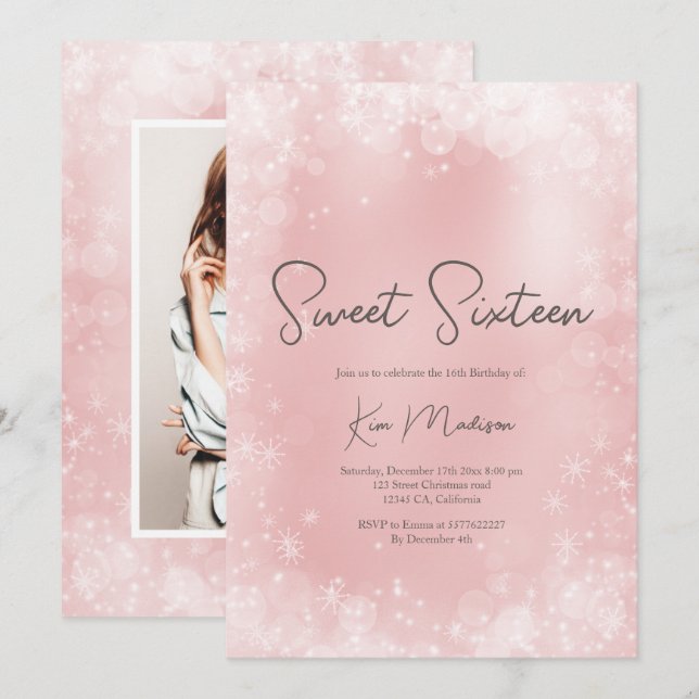 Invitación Moda elegante de nieve rosa rosa rosa festivo 16 (Anverso / Reverso)