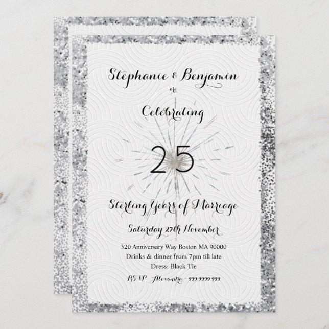 Invitación Moda elegante del Purpurina del 25° aniversario de (Anverso / Reverso)
