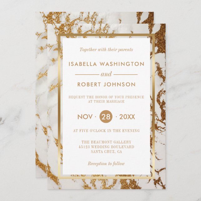 Invitación Moda Elegante dorado y mármol blanco Boda moderno (Anverso / Reverso)