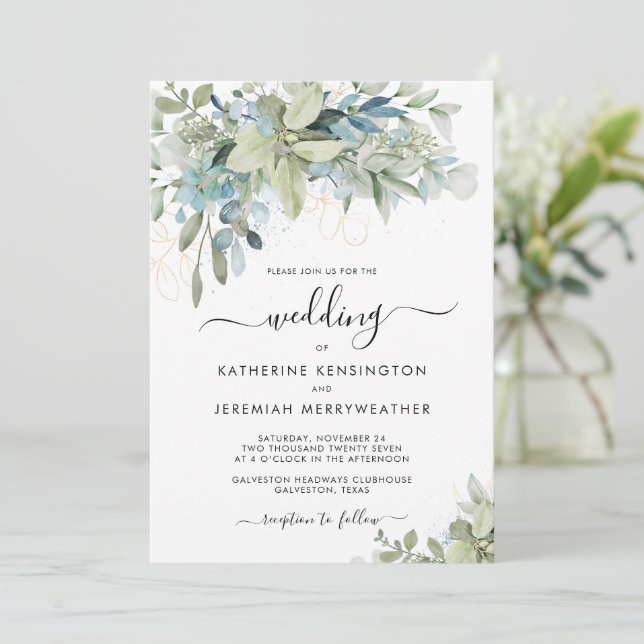 Invitación Moda Elegante Eucalyptus Greenery Script Boda En (Anverso de pie)