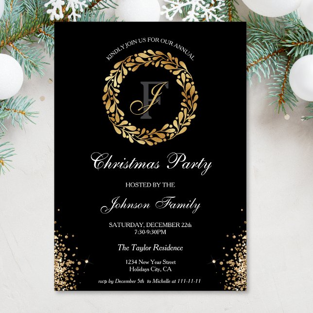 Invitación Moda Elegante Fiesta de Navidades del Monograma Do (gold glitter christmas wreath)