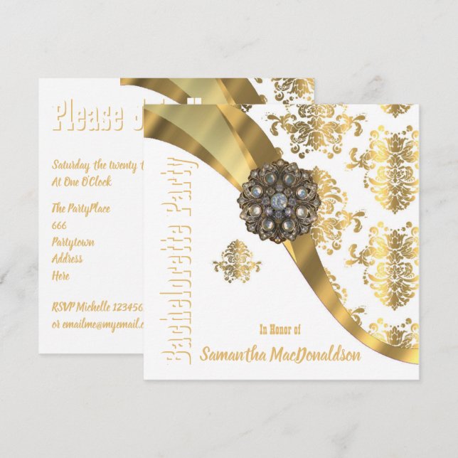 Invitación Moda elegante fiesta de soltera de damasco dorado (Anverso / Reverso)