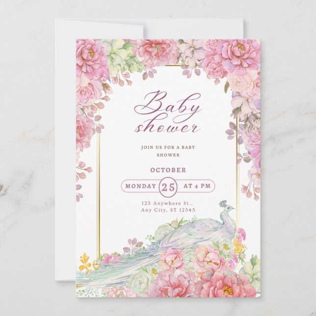 Invitación Moda elegante Floral marco dorado Baby Shower (Anverso)