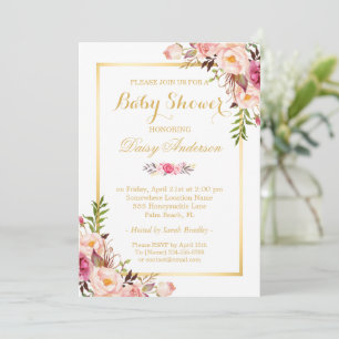 Invitación Moda elegante Floral marco dorado Baby Shower