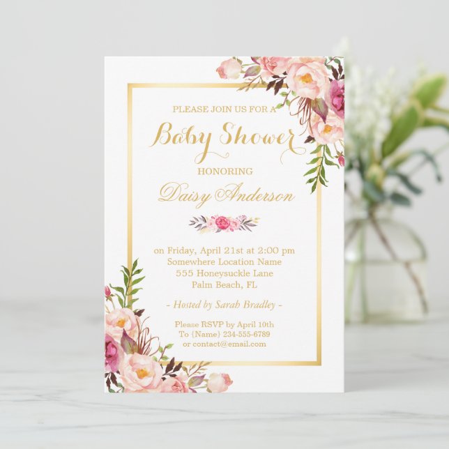 Invitación Moda elegante Floral marco dorado Baby Shower (Anverso de pie)