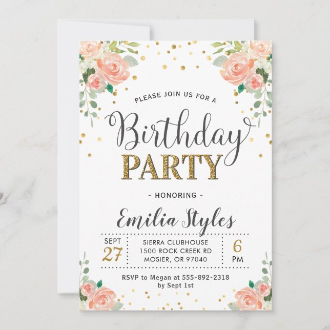 Invitación Moda Elegante Floral Peony Ladies Cumpleaños (Anverso)