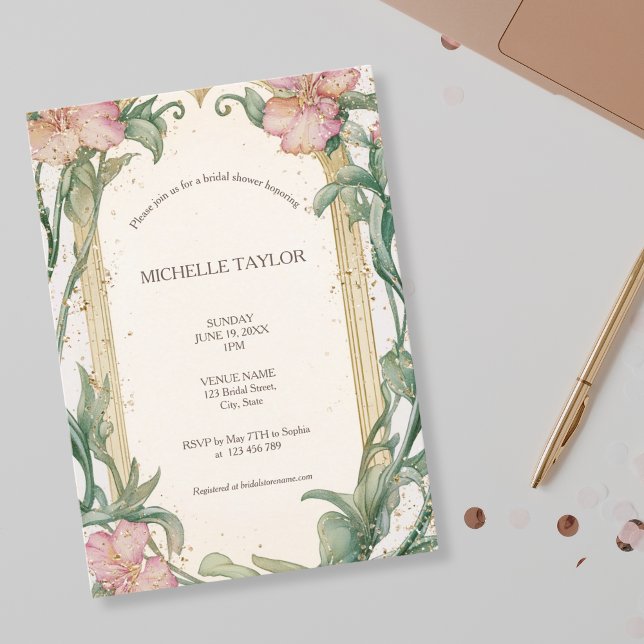 Invitación Moda Elegante Floral Rubor Art Nouveau Rosa (art nouveau blush pink floral frame)