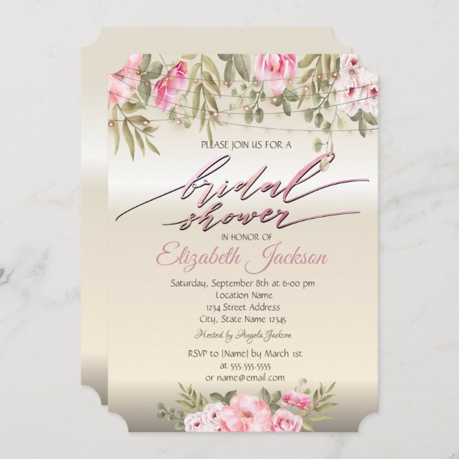 Invitación Moda Elegante Floral String Luces Bridal Shower (Anverso / Reverso)