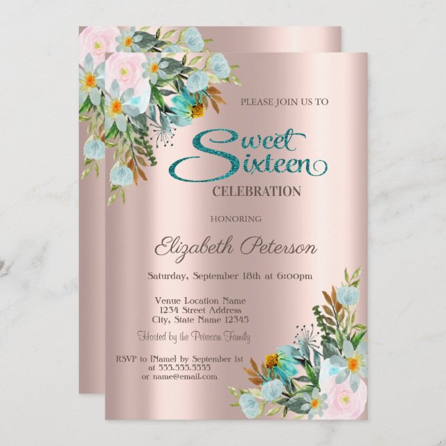 Invitación Moda Elegante Flores Rosa Dulce de Oro 16 (Anverso / Reverso)