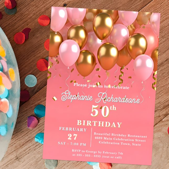 Invitación Moda elegante Globos rosados y dorados 50 cumpleañ (Subido por el creador)