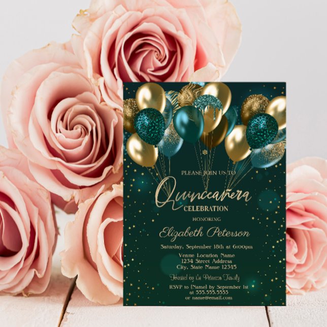 Invitación Moda Elegante Globos Verdes Oro Verde Quinceañera  (Subido por el creador)