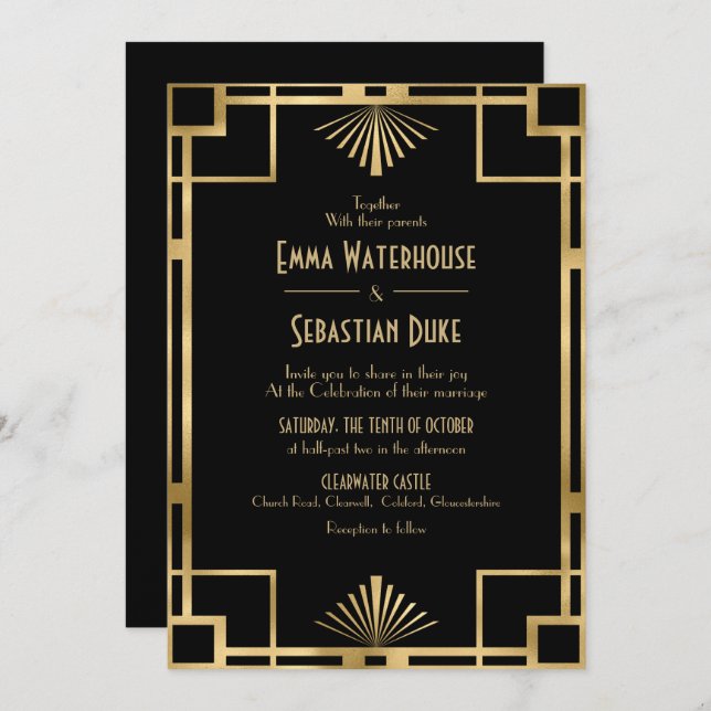 Invitación Moda elegante Gran Gatsby Art Deco Boda (Anverso / Reverso)