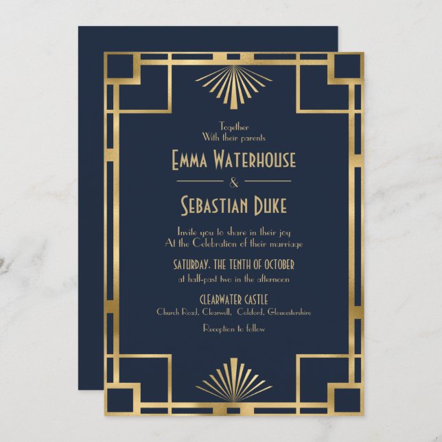 Invitación Moda elegante Gran Gatsby Art Deco Boda Invita (Anverso / Reverso)