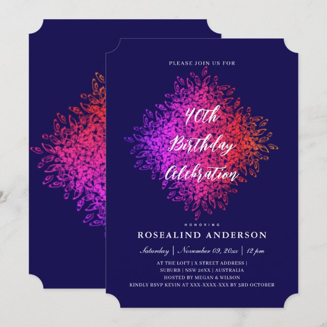 Invitación Moda Elegante Marina Púrpura Rosa Mandala Cumpleañ (Anverso / Reverso)