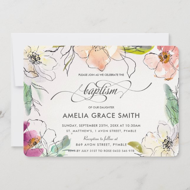 Invitación Moda Elegante Moderno Acuarela Baptismo Floral (Anverso)